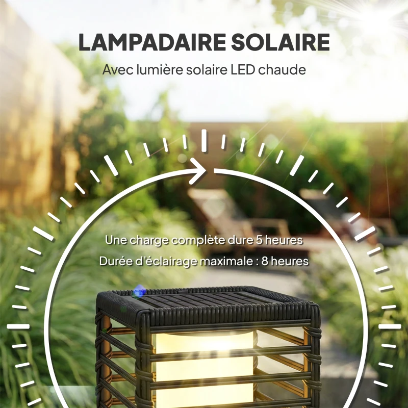 Outsunny Lanterne Solaire Extérieure en résine tressée lampadaire sans fil rechargeable capteur de lumière 16 x 16 x 68 cm noir