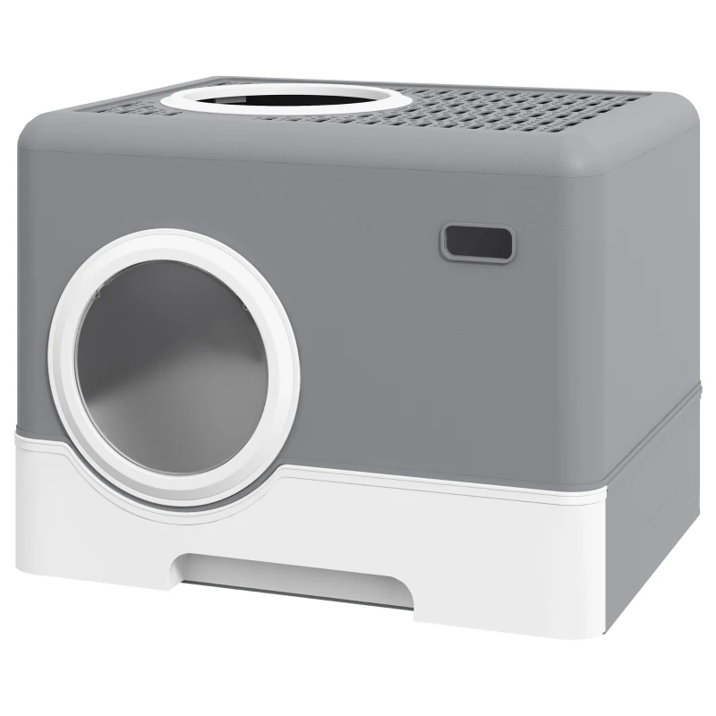 PawHut Lettiera per Gatti con Coperchio e Paletta, Doppio Ingresso e Vassoio Estraibile, 52x41x38.5 cm, Grigio
