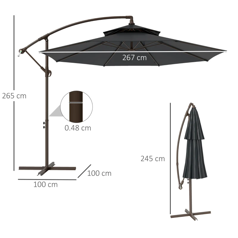 Outsunny 2.7m Garden Banana Parasol Cantilever Umbrella with Crank Handle, Double Tier Canopy and Cross Base for Outdoor, Hanging Sun Shade, Black(m-14)