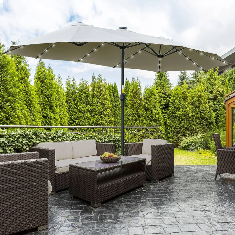 Outsunny Ombrellone da Giardino Doppio 4.5m con 48 Luci LED e Manovella, Grigio Chiaro