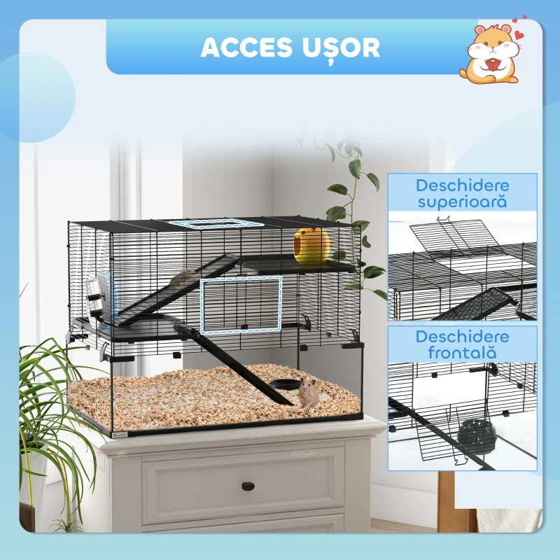 PawHut Cușcă pentru Hamsteri cu 3 Niveluri cu Bază din Sticlă Temperată, Roată și Accesorii, 76,5x48,5x54,5 cm, Negru