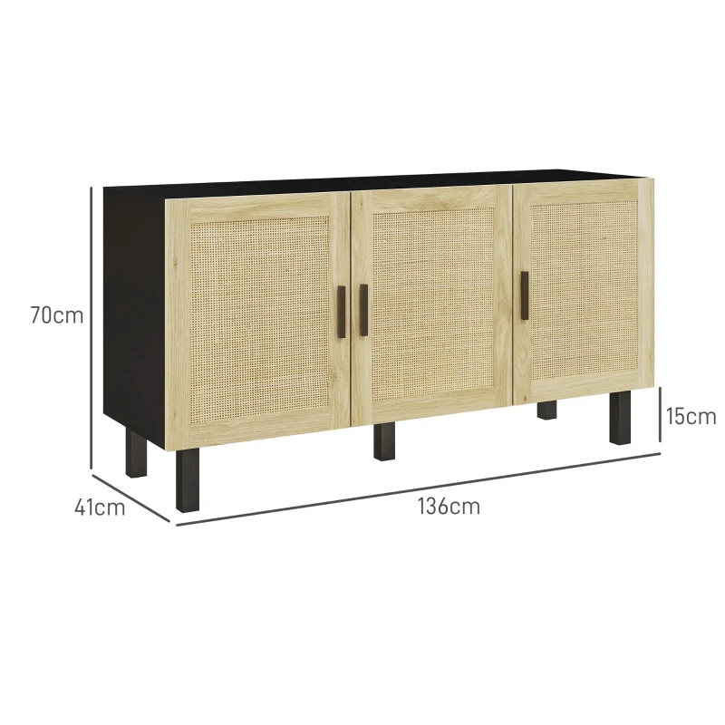 HOMCOM Móvel de arrumação com armários de portas efeito cannage, prateleiras ajustáveis, 136 x 41 x 70 cm, preto e madeira natural
