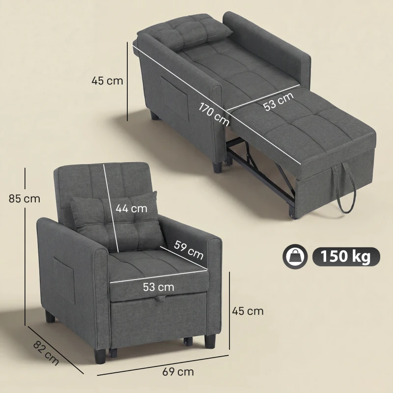 HOMCOM Fotoliu Pat Single 3 în 1 din Material Textil Tip In și Lemn cu Spătar Reclinabil, Pernă, Buzunare, Gri