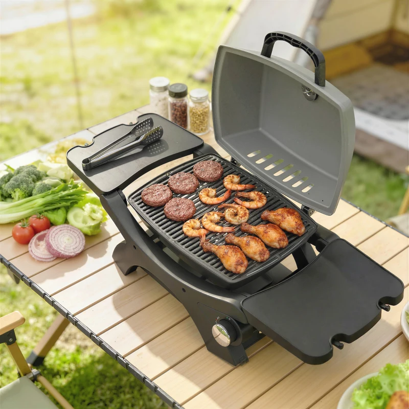 Outsunny Gasgrill 3,3 KW Tischgrill mit 1 Brenner klappbar Seitentischen Gusseisen Grillroste herausnehmbar Fettauffangschale