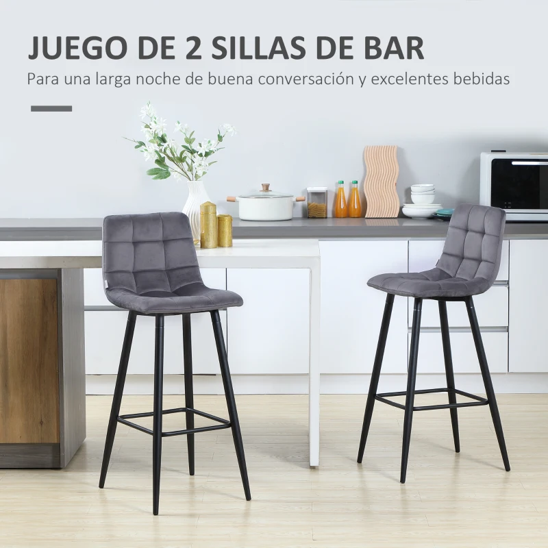 HOMCOM Juego de 2 Taburetes Altos de Cocina Taburetes de Bar Tapizados en Terciopelo con Reposapiés y Respaldo Gris