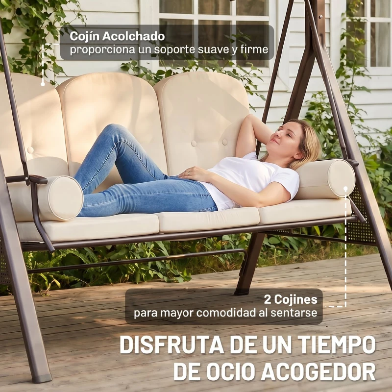 Outsunny Balancín de Jardín de 3 Plazas con Estructura Metálica Toldo y Bandeja para Bebidas para Exterior 208x121x172 cm Beige
