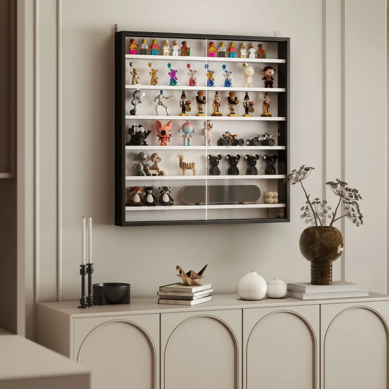 HOMCOM Vitrina de Pared de Madera con Estantes Ajustables y 2 Puertas Correderas de Cristal 80x9,5x83 cm Negro