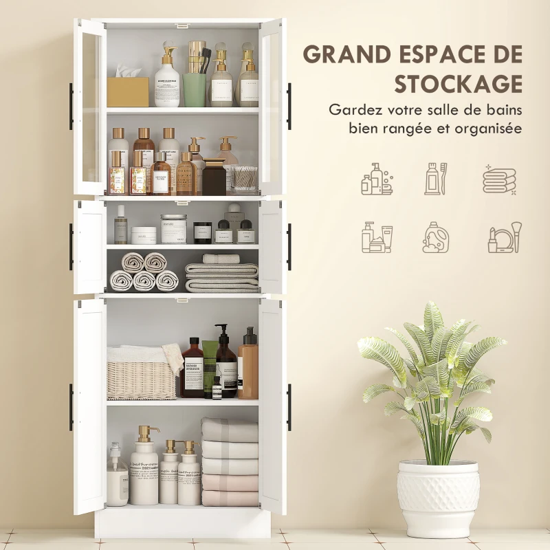 HOMCOM Meuble de salle de bain, meuble de rangement 6 niveaux, 6 portes dont 2 vitrées, étagères réglables, 60x30x170cm, blanc