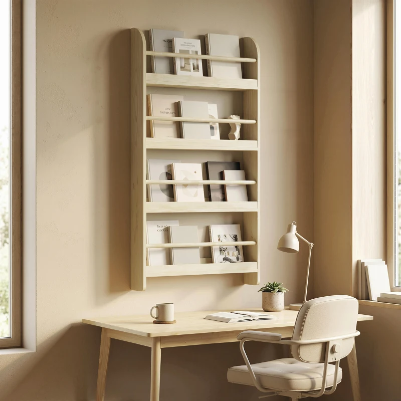 HOMCOM Estantería de Pared de Libros con 4 Estantes Librería Infantil para Hogar Oficina Carga 30kg 59x12x113cm Natural