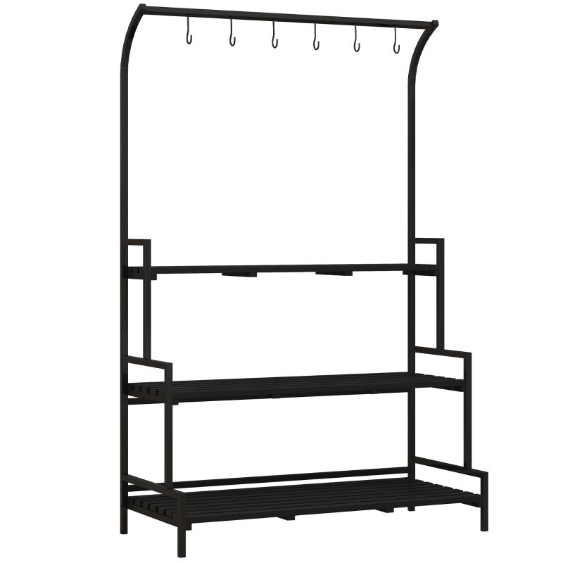 Outsunny Blumenständer, 3 Etagen, 6 Haken, Indoor & Outdoor, Metallrahmen, 170H x 110L x 50B cm, Schwarz