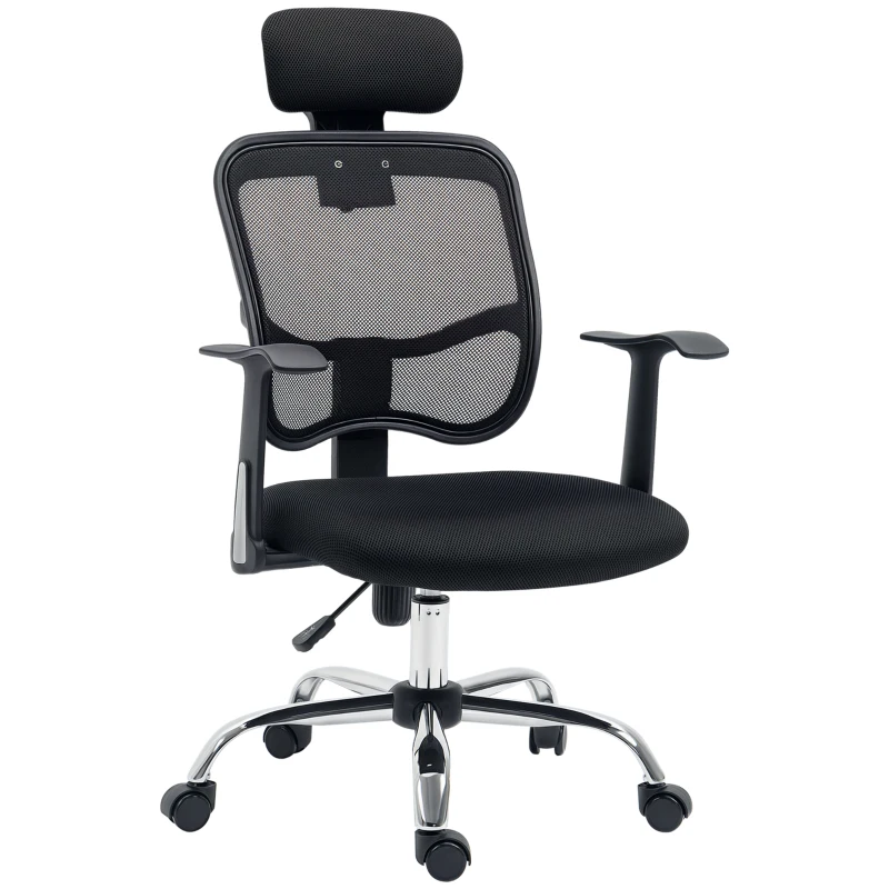 Scaun de birou ergonomic Vinsetto cu șezut reglabil și tetieră, din poliester și oțel, 63x62x106-114 cm, Negru