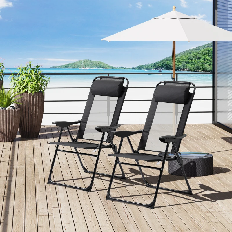 Outsunny Set of 2 Portable Folding Recliners Metal Outdoor Patio Chaise Lounge Chairs with Adjustable Backrest, Black