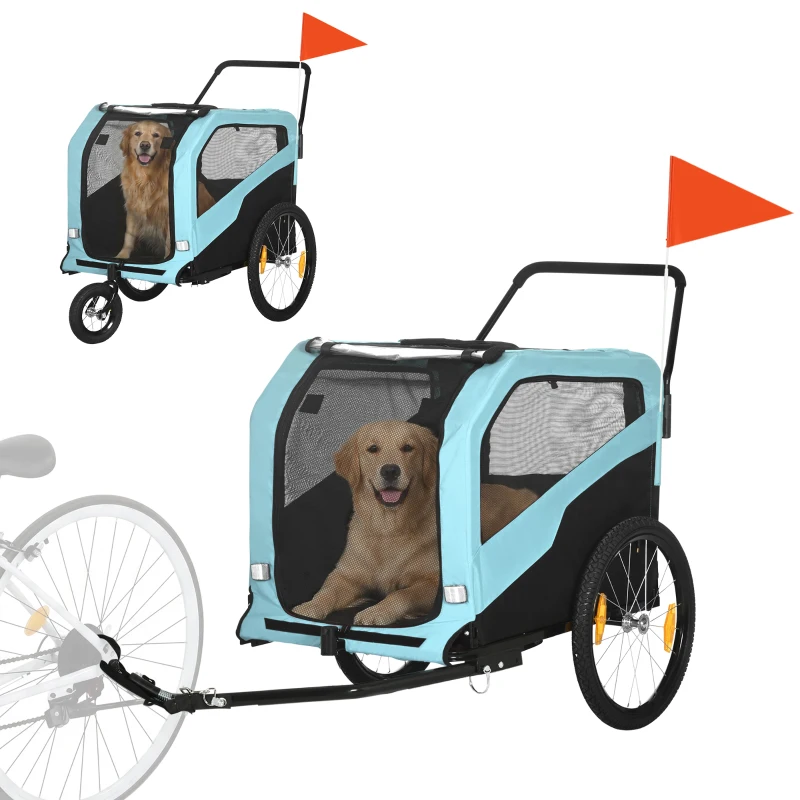 PawHut Remorcă pentru bicicletă pentru câini, max. 30kg, cu 2 intrări și buzunare de depozitare, din oțel și material Oxford, albastră