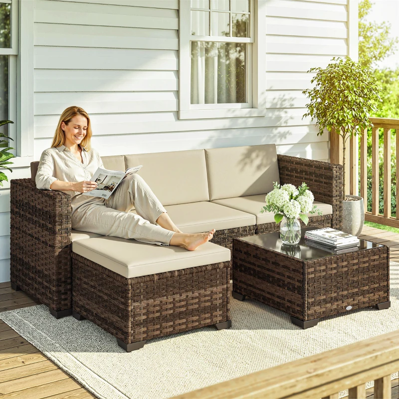 Outsunny Conjunto de Jardín Exterior de Ratán 5 Piezas con Cojines 2 Sillones de Esquina Sillón sin Brazos Reposapiés y Mesa