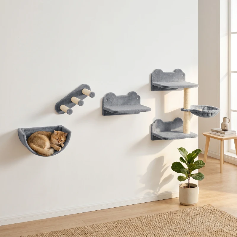 PawHut 4PCs Wall-Mounted Cat Shelves w/ Scratching Post, Hammock, Nest - Grey