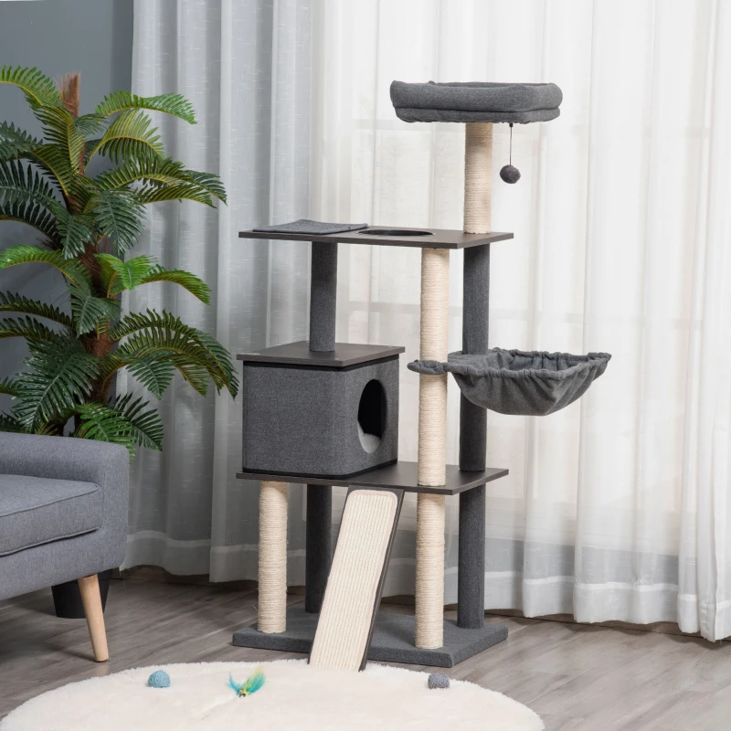PawHut Tiragraffi per Gatti Multilivello, Pali in Sisal, Casetta, Lettino e Cuscini, 60x40x146cm
