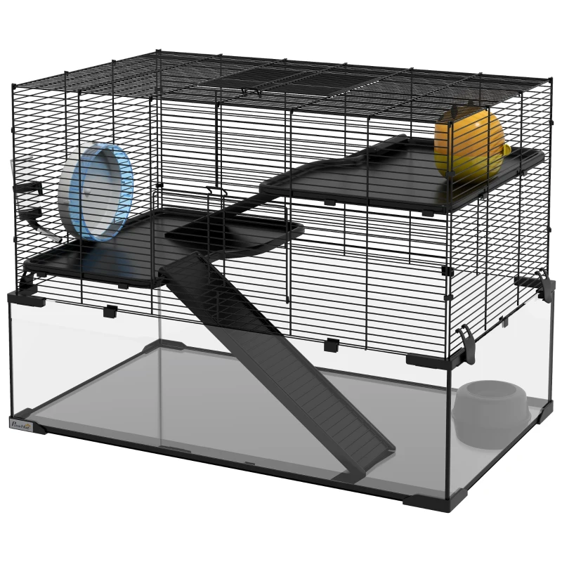 PawHut Cușcă pentru Hamsteri cu 3 Niveluri cu Bază din Sticlă Temperată, Roată și Accesorii, 76,5x48,5x54,5 cm, Negru