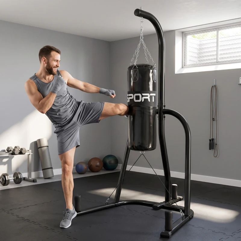 SPORTNOW Soporte para Saco de Boxeo Independiente con Saco Cuerda Elástica y Cadena 360° de Acero Negro