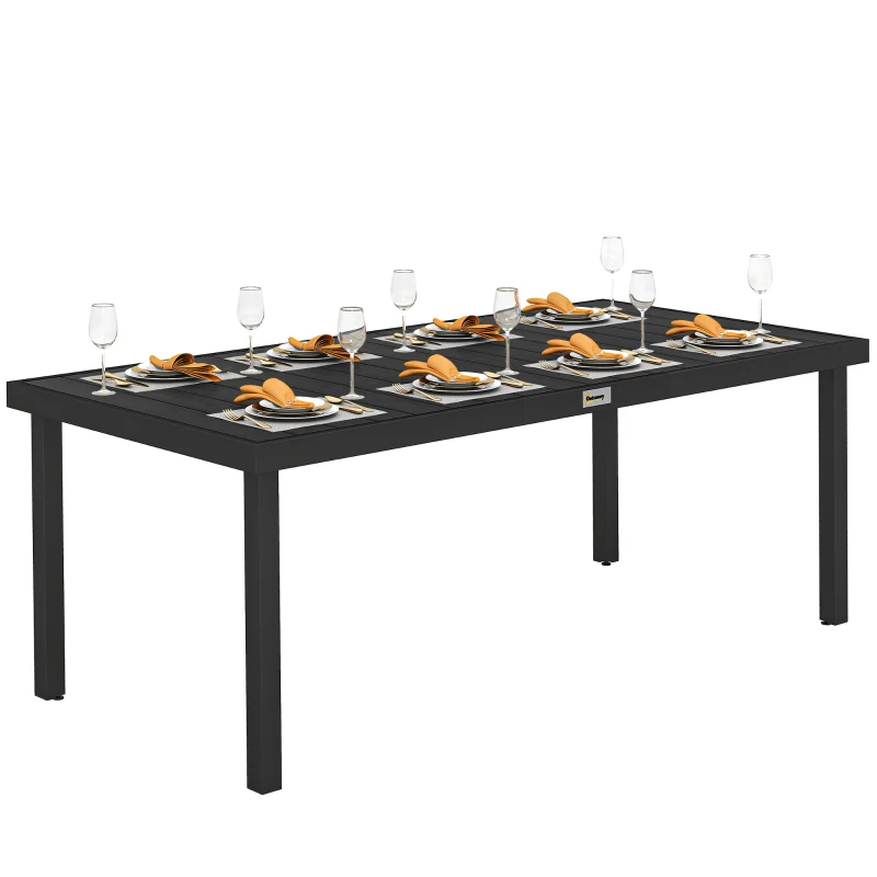 Outsunny Aluminium Outdoor Garden Dining Table for 8 People, Faux Wood Top, for Garden, Patio, 190 x 90 x 74cm, Black