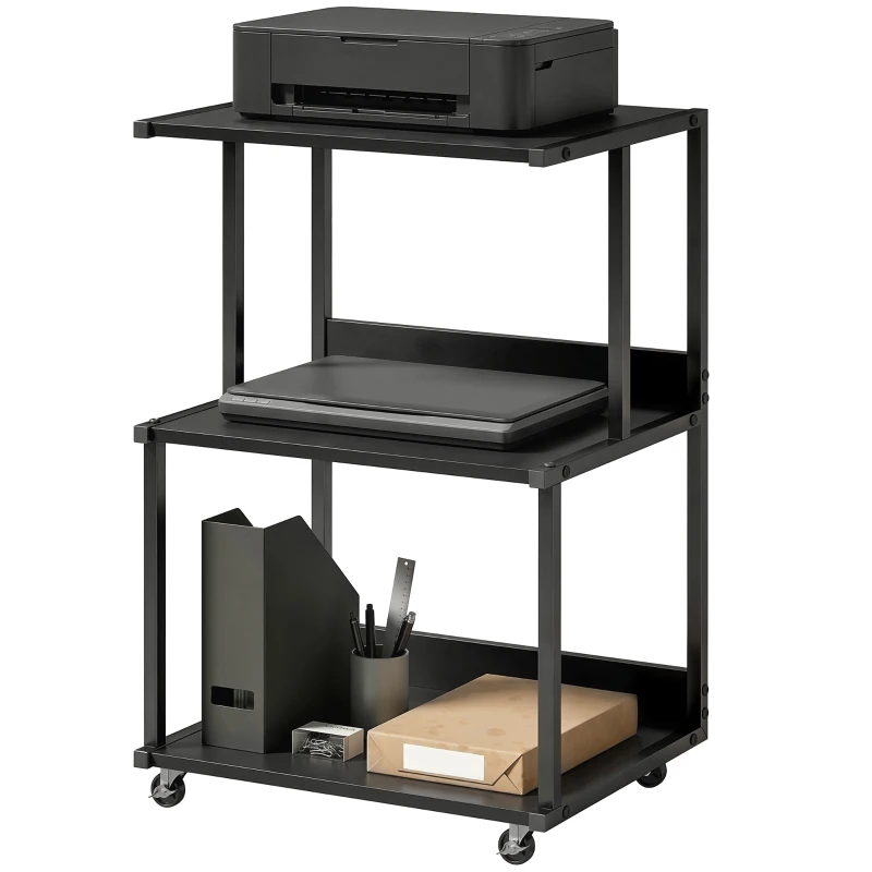 HOMCOM supporto stampante 3 livelli con ruote, tavolino industriale metallo ufficio, nero.