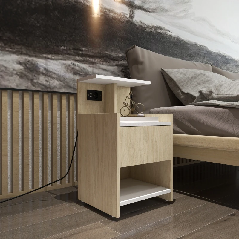 HOMCOM Mesilla de Noche con Puertos USB Toma de Corriente Cajón y Estantes Mesa de Noche 40x40x60 cm Natural