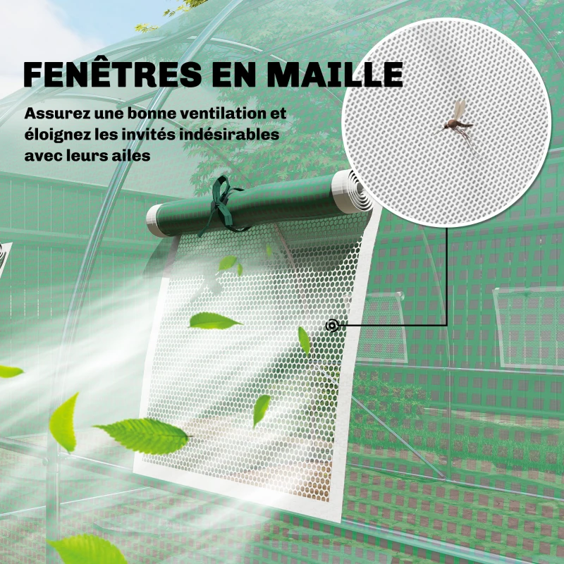 Outsunny Serre tunnel de jardin 12m², serre de jardin tunnel 295x400x200cm porte et 8 fenêtres, bâche PE 140 g/m² vert