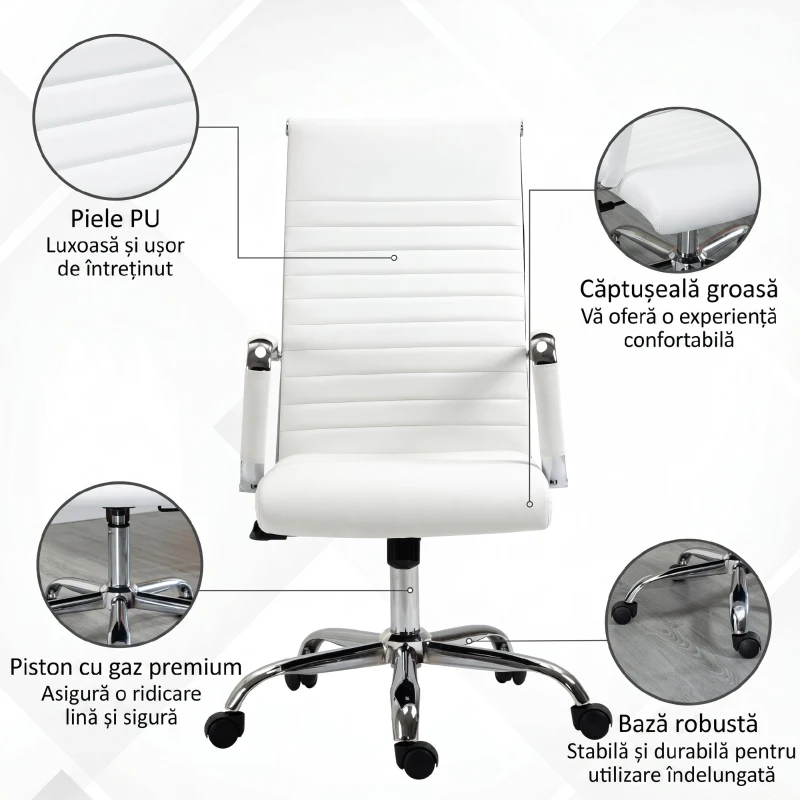 Vinsetto Scaun de Birou Ergonomic din Piele Ecologică, Scaun Rotativ și cu Funcție de Legănare, 54x62x104-114 cm, Alb