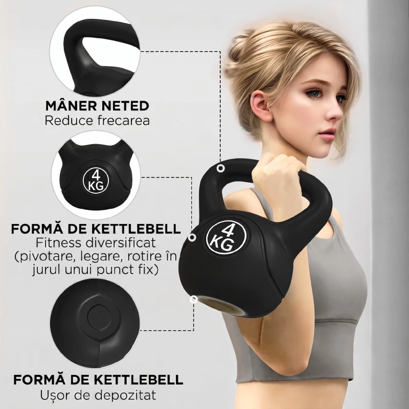 HOMCOM Kettlebell 4kg din plastic și nisip cu bază plată și mâner, 18x12x20 cm, negru