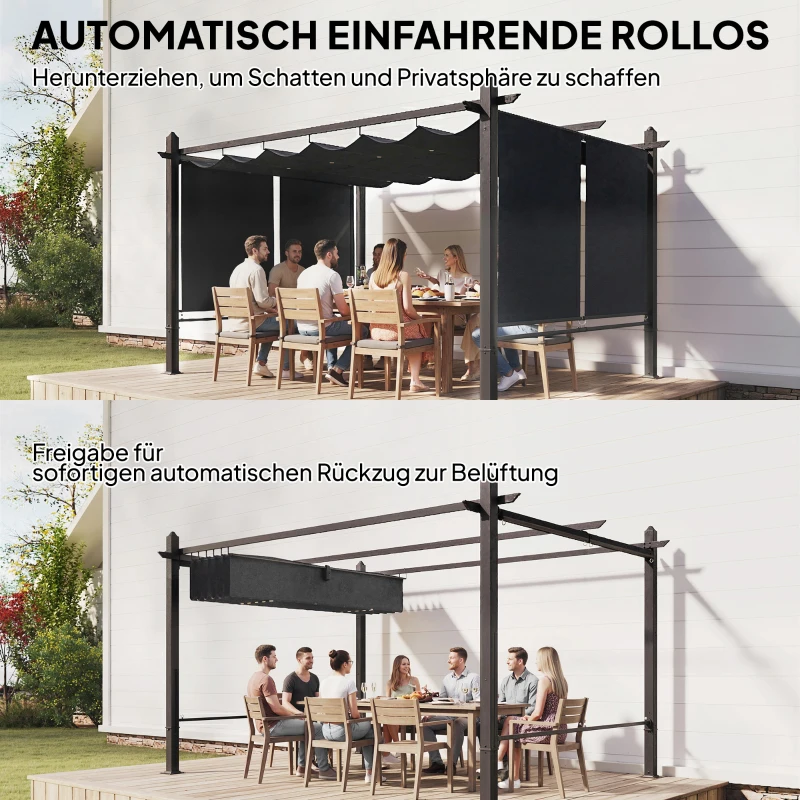 Outsunny Pergola 3 x 4 m Terrassenüberdachung mit Schiebedach, automatisch einziehbaren Rollos, UV50+ Aluminiumrahmen