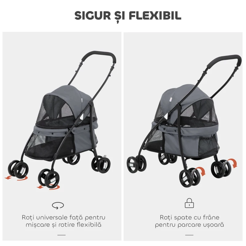 PawHut Cărucior pliabil pentru câini cu copertină reglabilă, geantă și 2 lese, 82x47x97 cm, gri și negru