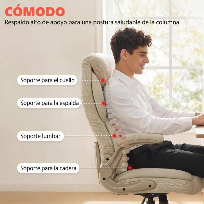 HOMCOM Silla de Oficina con Masaje Vibratorio de 4 Puntos Calor Lumbar Brazos Abatibles Respaldo Alto Altura Ajustable Crema