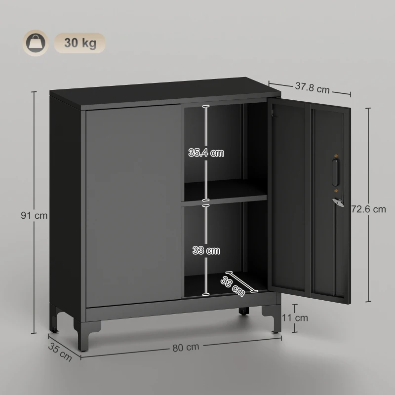 HOMCOM Lockable Metal Filing Cabinet, 2-Tier Storage Cupboard with Double Doors, Modern Office Organiser, Black