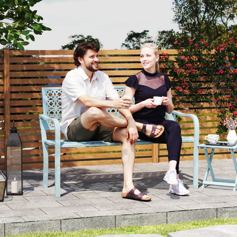 Outsunny Banc de jardin 2 places, banc extérieur jardin en acier avec dossier ajouré, 127 x 63 x 85 cm, bleu