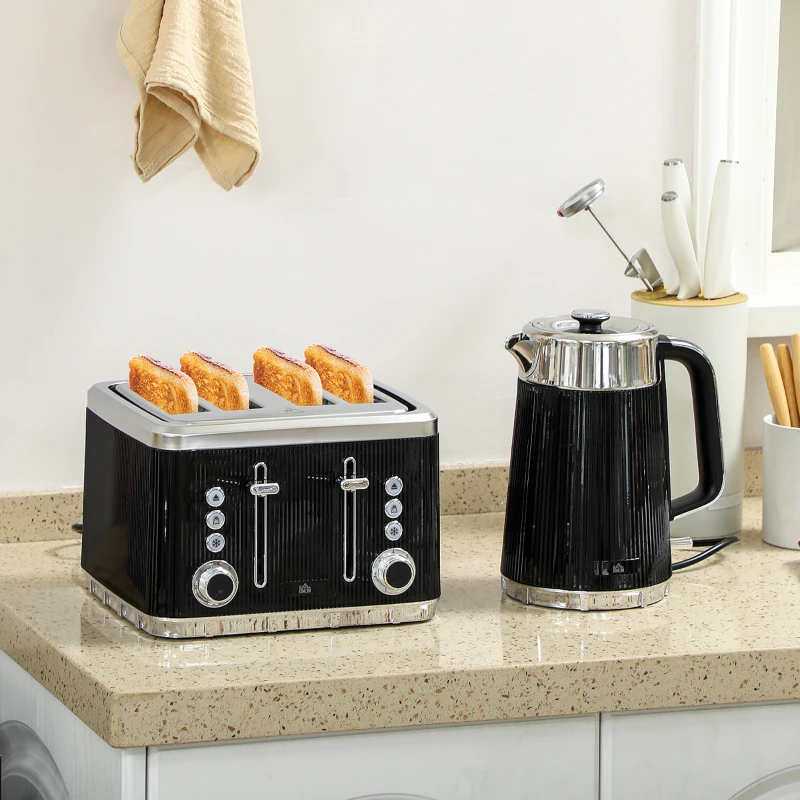 HOMCOM Electric Stainless Steel Kettle and Toaster Set, 3000W 1.7L UK Strix Thermostat Fast Boil Kettle w/ Limescale Filter, Cool Touch Body, 4 Slice Toaster with 7 Browning Levels, Black