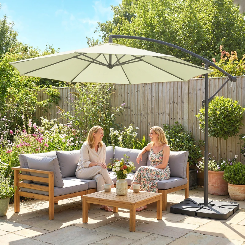 Outsunny 3(m) Garden Banana Parasol Cantilever Umbrella with Crank Handle, Cross Base, Weights and Cover for Outdoor, Hanging Sun Shade, Beige