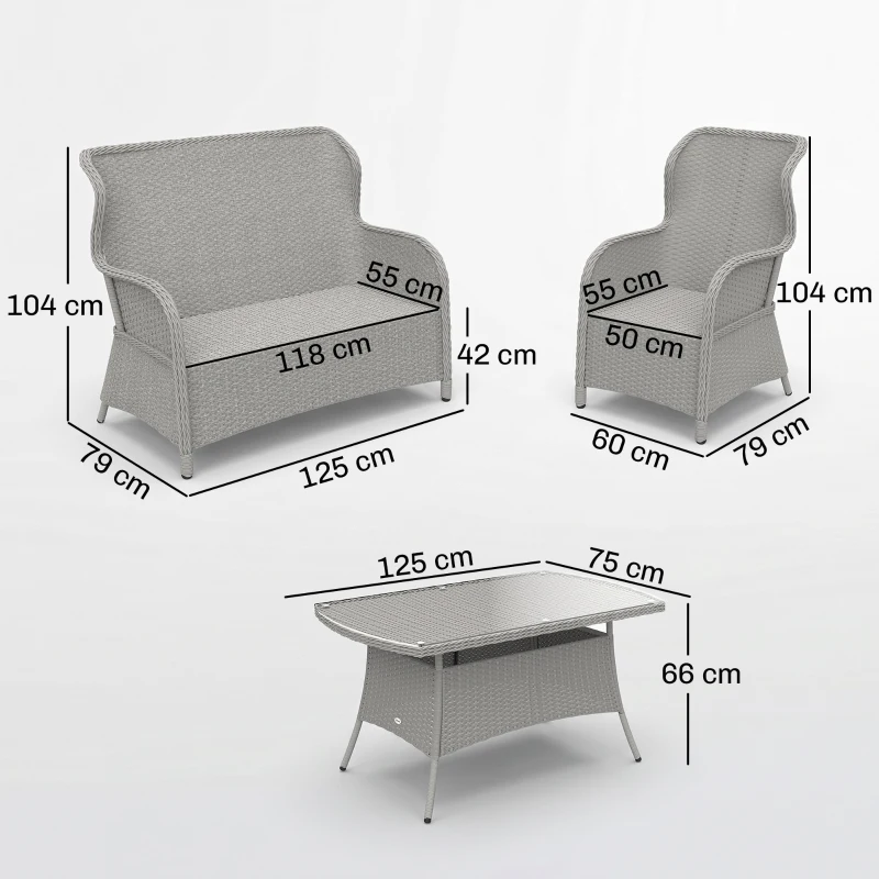 Outsunny Garden PE Rattan Dining Sofa Set, Outdoor 4 Seater Wicker Furniture, High Back Chairs with Cushions, Tempered Glass Coffee Table for Patio, Light Grey