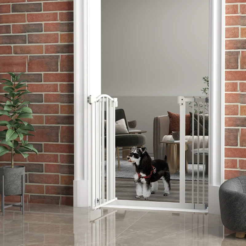 PawHut Metal 74-87cm Adjustable Pet Gate Safety Barrier w/ Auto-Close Door White