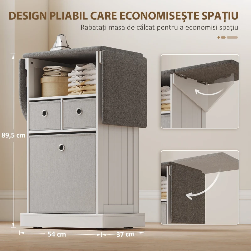 HOMCOM Mobilier pliabil pentru călcat pe roți, cu raft deschis și 3 sertare, 121x37x89,5 cm, alb și gri