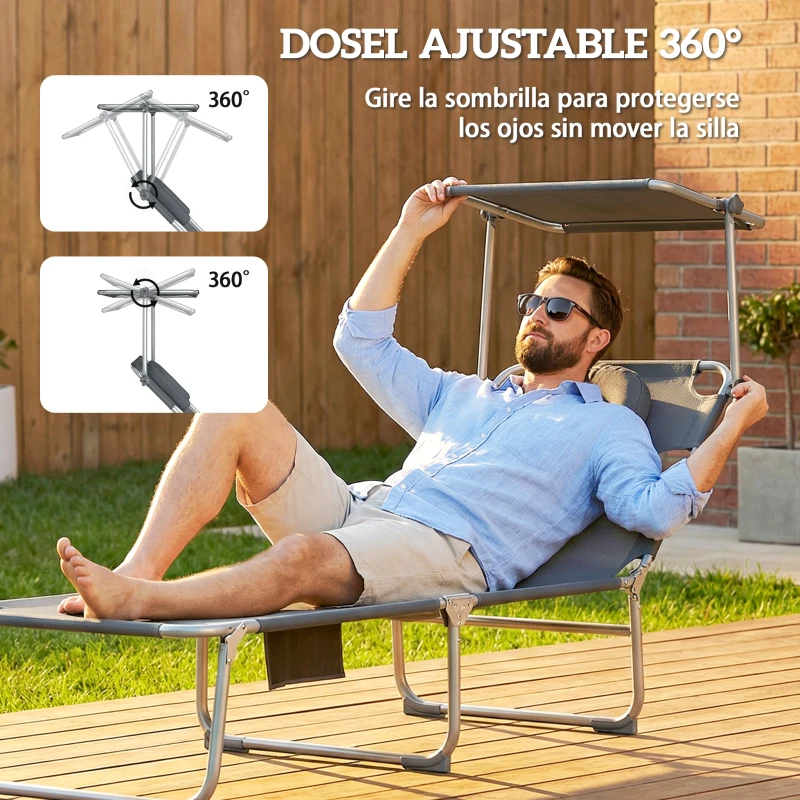 Outsunny Set de 2 Tumbonas Plegables Reclinables con Dosel 360° Orificio Facial Bolsillo Lateral y Textilene 550 g/m² Gris
