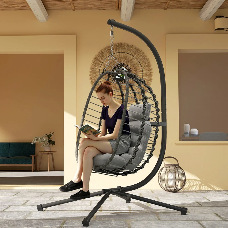 Outsunny Fauteuil suspendu pliable en résine tressée avec support, coussin et oreiller hauteur réglable, gris