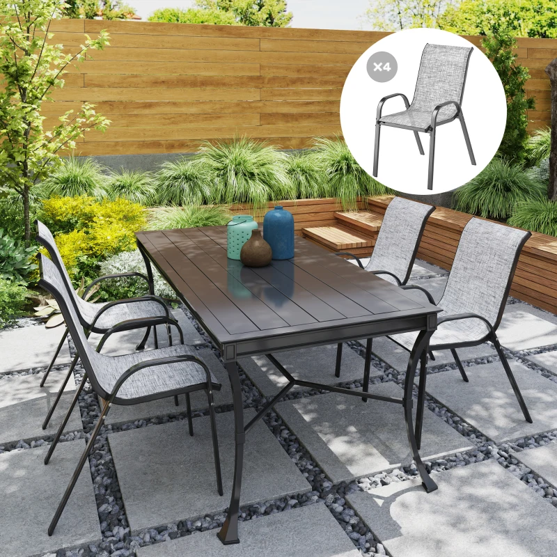 Outsunny Set 4 Sedie da Giardino Impilabili con Braccioli Curvi, in Acciaio e Tessuto Traspirante, 54x71x93 cm, Grigio