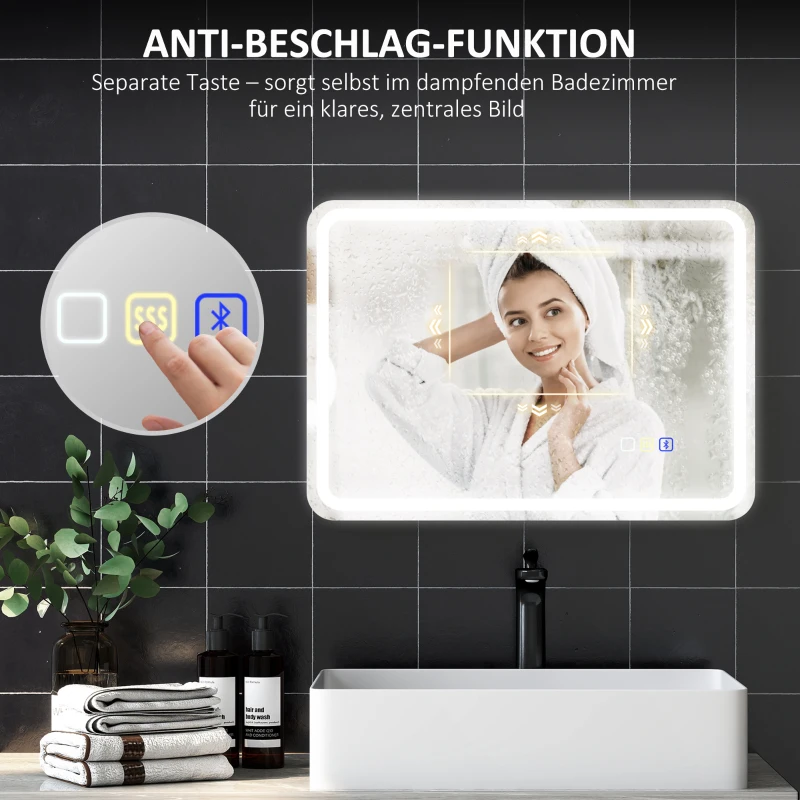 HOMCOM Badezimmerspiegel mit LED-Beleuchtung, Anti-Beschlags-Pad, 3 verstellbare Farben, Silberfarben