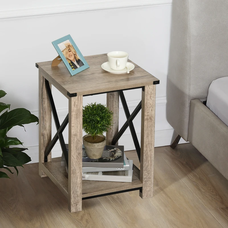 HOMCOM Mesa Auxiliar Estilo Retro Industrial con Estante de Almacenaje Multifuncional Marco de Forma X 40,5x40,5x60 cm Roble