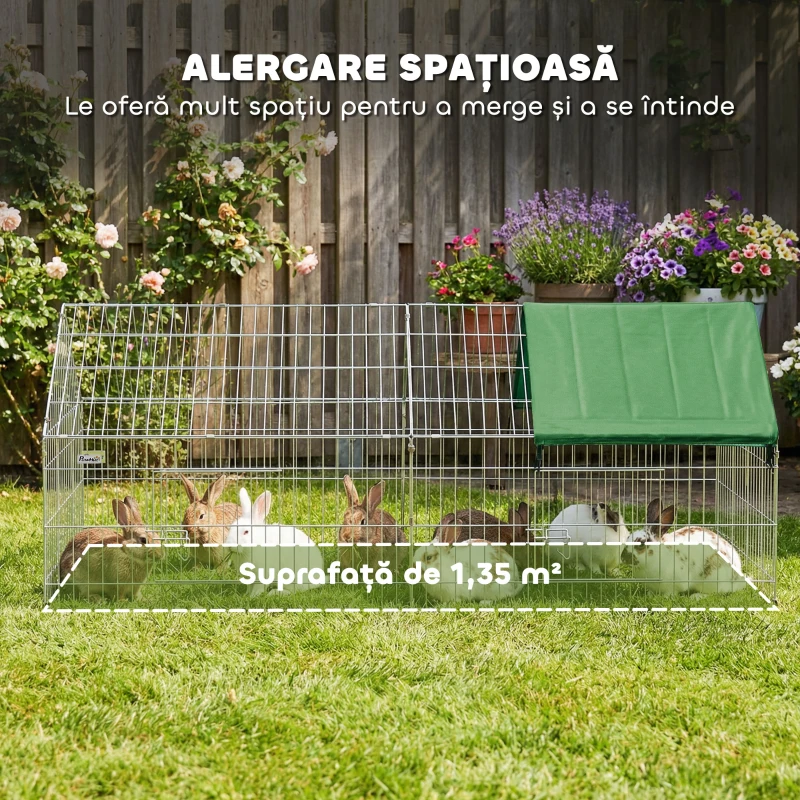 PawHut Cușcă pentru Iepuri și Găini de Exterior și Interior cu Protecție Solară și Grilaj Metalic, pentru Animale Mici, Rațe, Găini, 180x75x75 cm, Verde