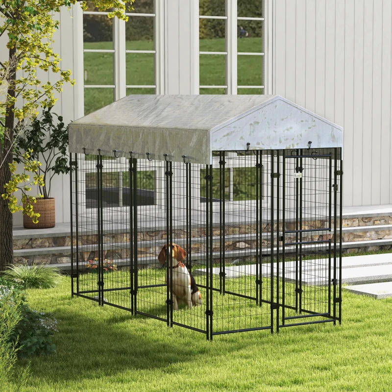 PawHut Recinto per Cani da Esterno con Tetto e Porta a 2 Sezioni in Metallo, 239x121x183cm, Argento