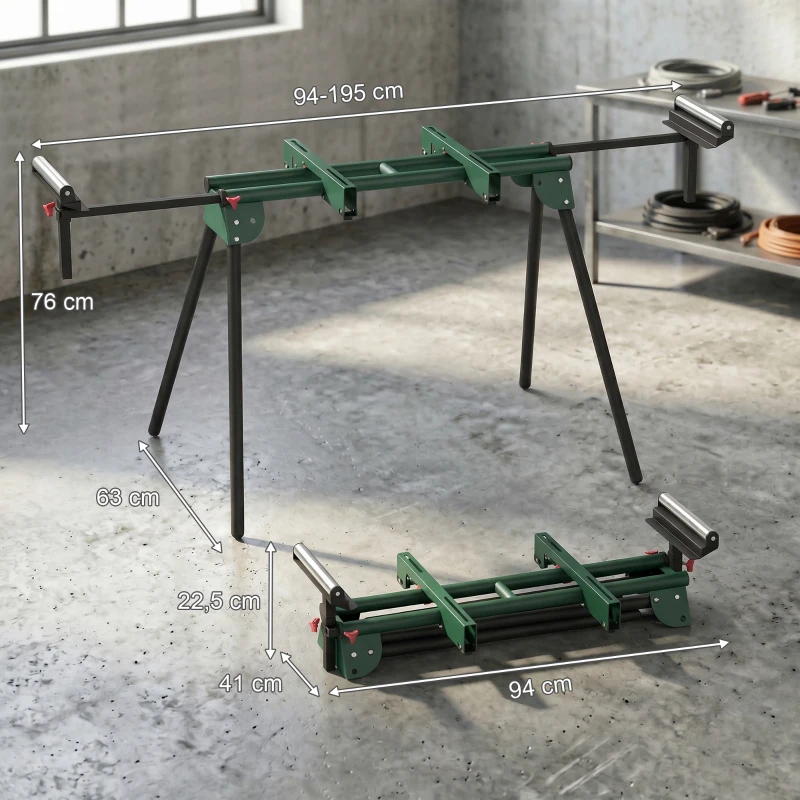 HOMCOM Supporto per Troncatrice con Bracci Regolabili, Gambe Pieghevoli, Altezza Regolabile, Capacità 150 kg, Verde