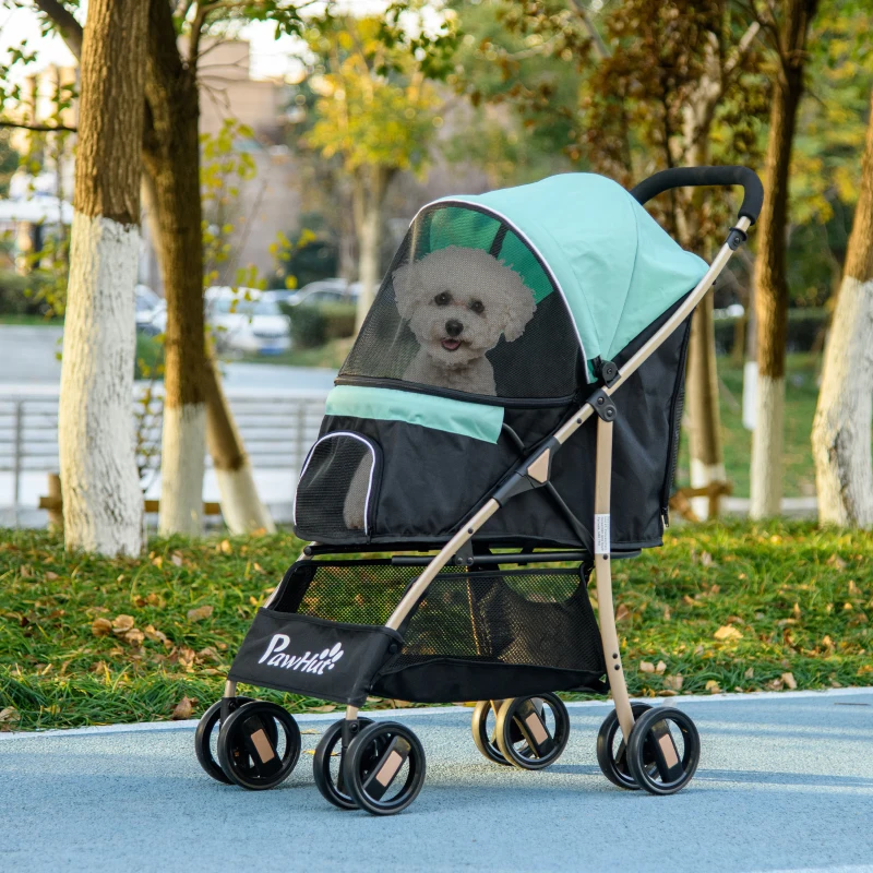 PawHut Cărucior pliabil pentru câini mici, cu husă de ploaie, coș și lesă integrată, verde
