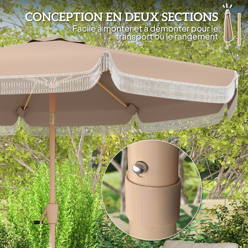 Outsunny Parasol de jardin extérieur 266 cm, parasol inclinable, franges, manivelle, 8 baleines, toile polyester 180 g/m², kaki