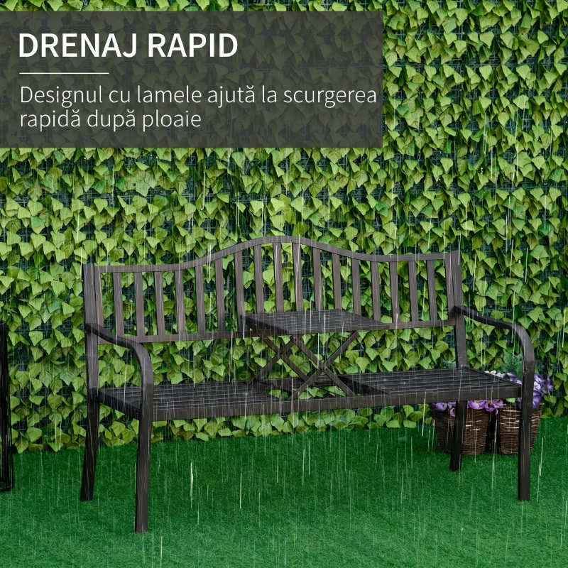 Outsunny, Băncuță de grădină, Cu masă de cafea integrată, Metal,150 x 58.5 x 90 cm, Negru