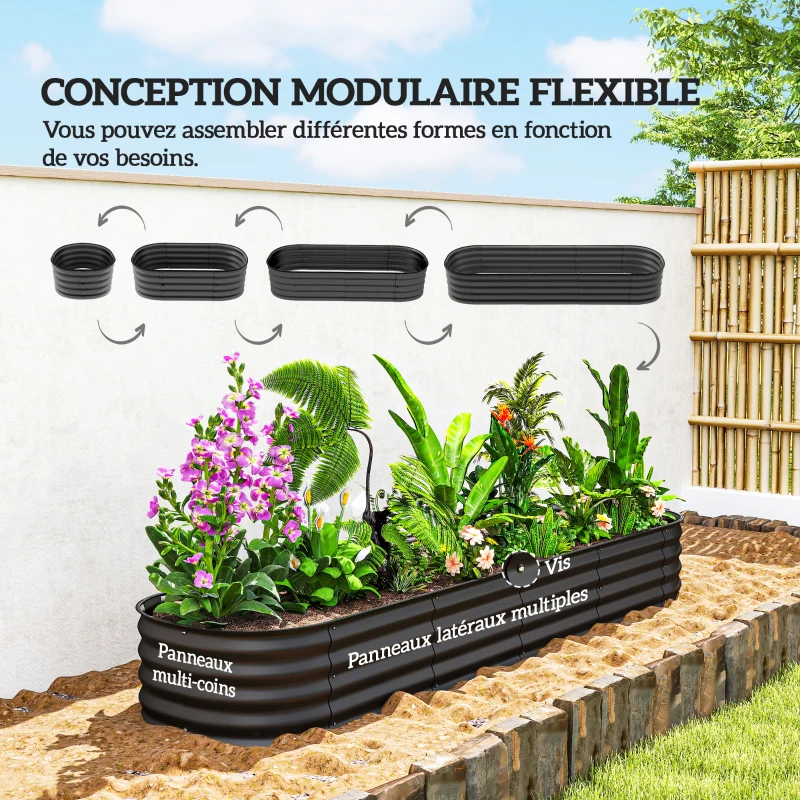 Outsunny Jardinière carré potager de jardin en acier galvanisé modulable pour légumes plantes fleurs, 240 x 62 x 30 cm gris foncé